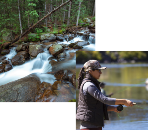 two photos, one of the river raging through a forest, one of a woman fishing