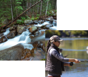 two photos, one of the river raging through a forest, one of a woman fishing